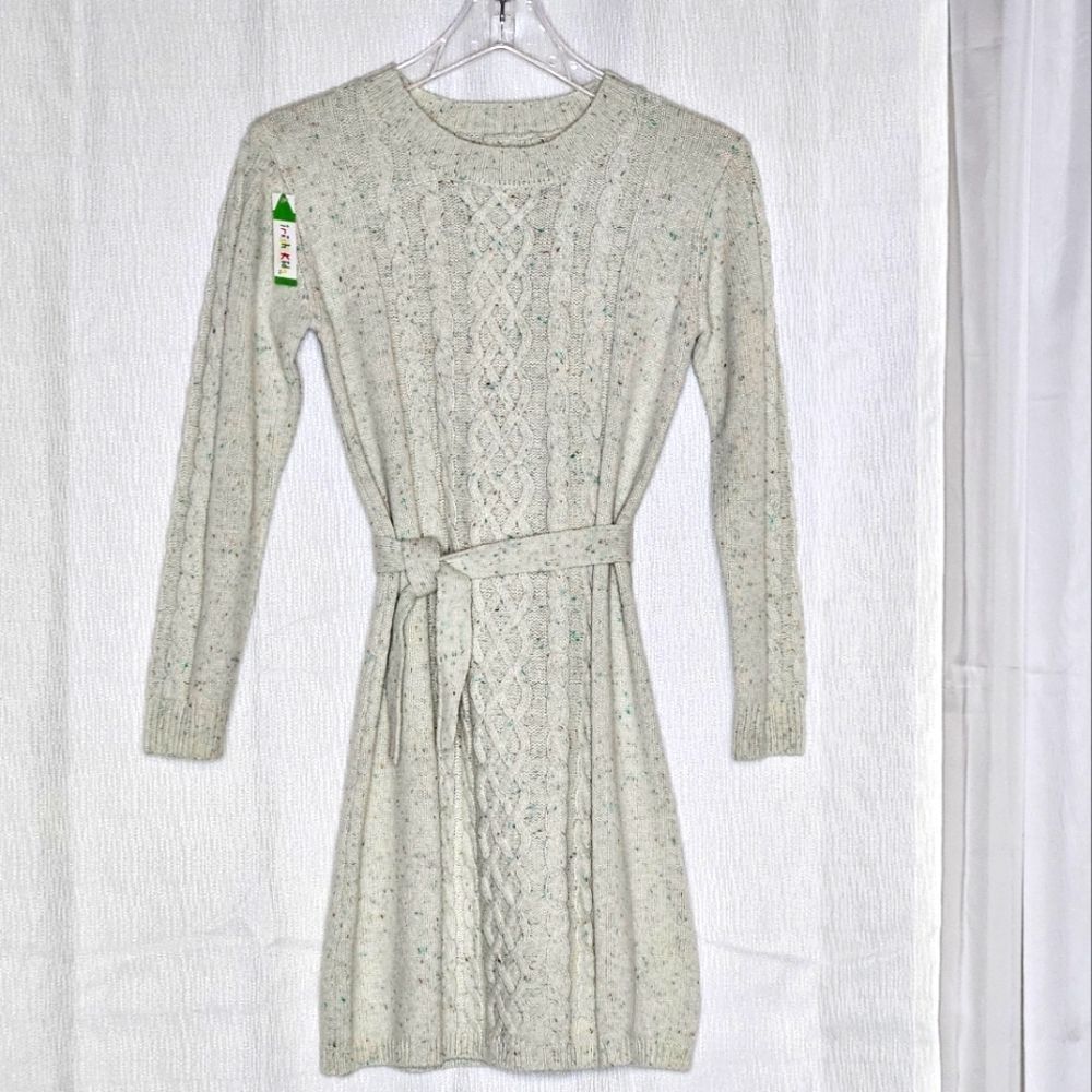 Bridgets of Erin Heathered Oatmeal Cable Knit Wool Blend Long Sleeve Irish Dress